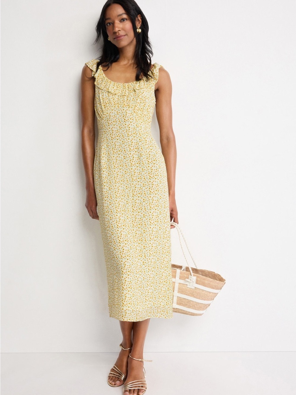 SOLID & STRIPED Yellow Floral Ruffle Midi Dress with Scoop Neck